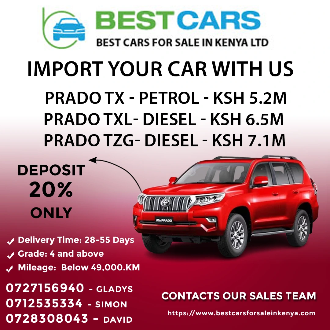 A Poster designed by Best Cars for sale in Kenya Ltd to show the Prado TX price in Kenya.